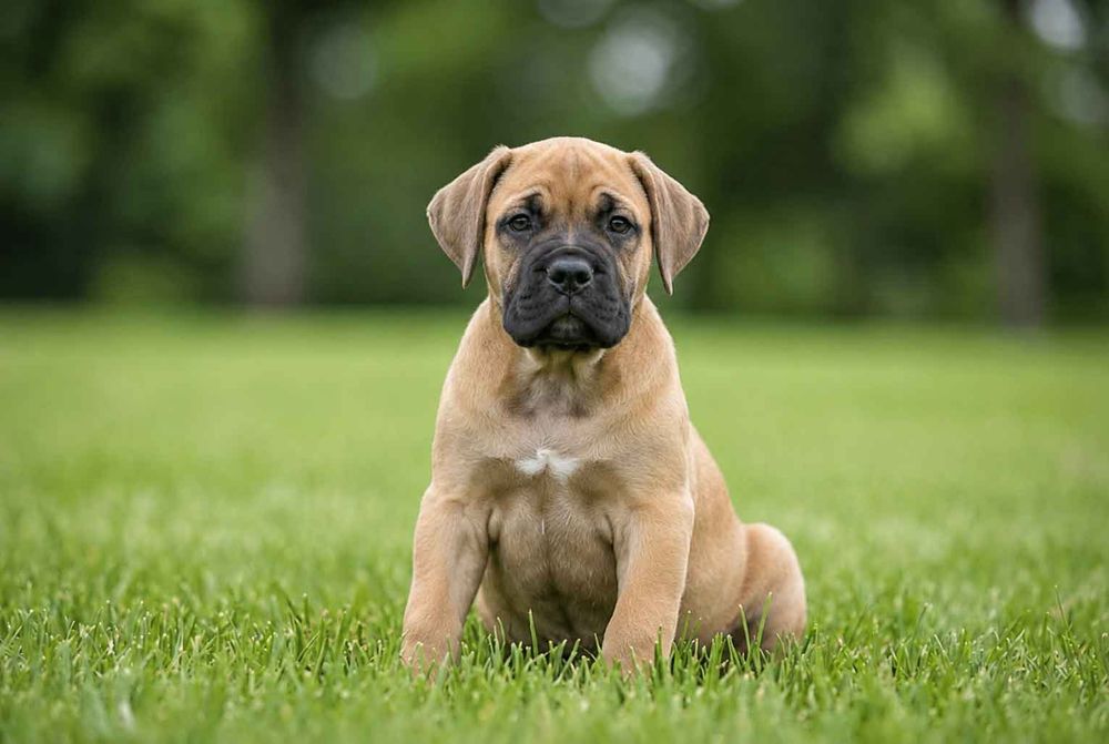 Cachorro de Cane Corso leonado con máscara negra