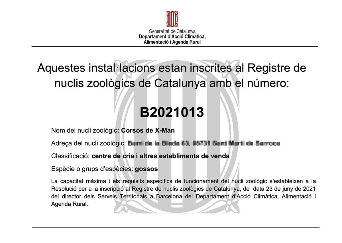Certificado de inscripción en el Registro de núcleos zoológicos de Cataluña con el número B2021013